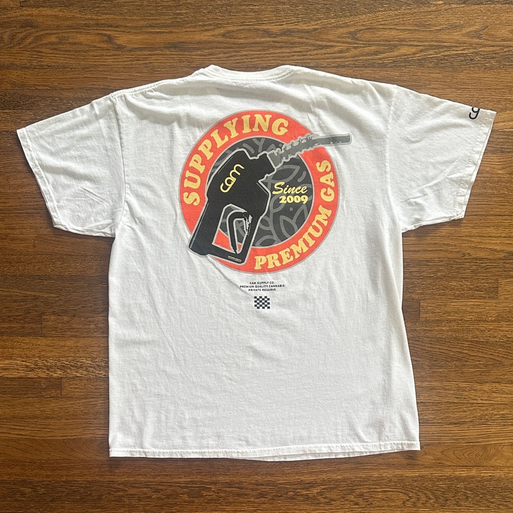 Men’s White Cotton Graphic Tee with Gas Pump Logo